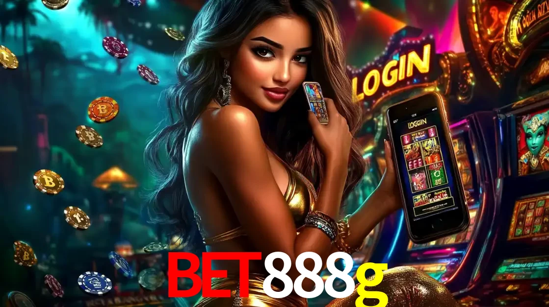 Mulher em um cenário de cassino temático de aventura, mostrando o app de caça-níqueis da bet888g no celular. Fichas de apostas flutuam ao redor.