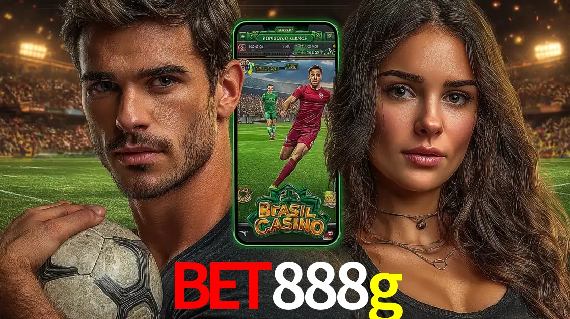 Homem segurando uma bola de futebol e uma mulher ao lado de um smartphone exibindo o jogo de apostas esportivas da bet888g. Faça seu palpite no cassino online.